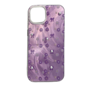 pochette iPhone 13/14 fleurs violettes perles